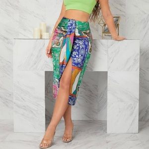 Paisley And Patchwork Print Split Thigh Skirt